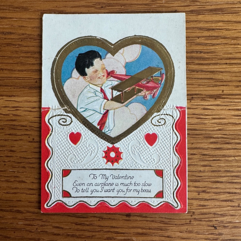 Vintage Boy Airplane Valentine Card USA Embossed Heart Boy with Plane‎ Valentine